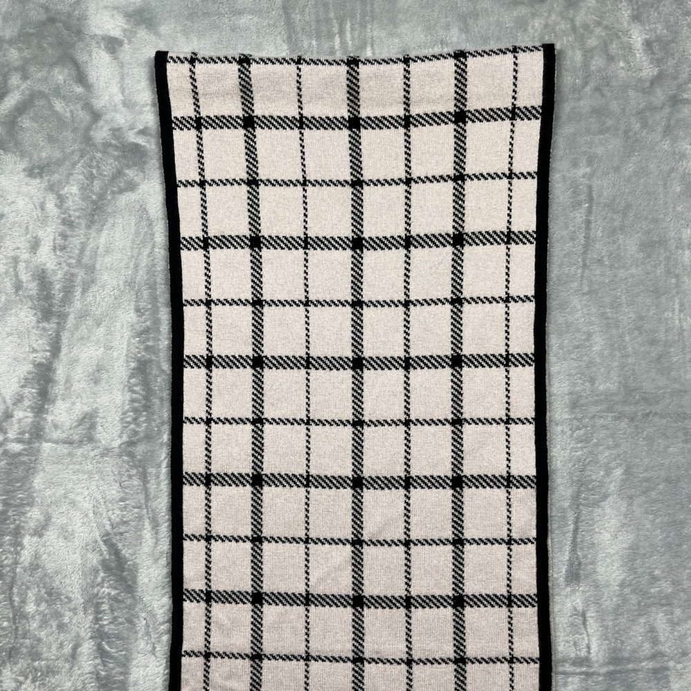 Coach Scarf Black Ivory Reversible Plaid Wool Cotton Knit Leather Logo - Picture 11 of 16